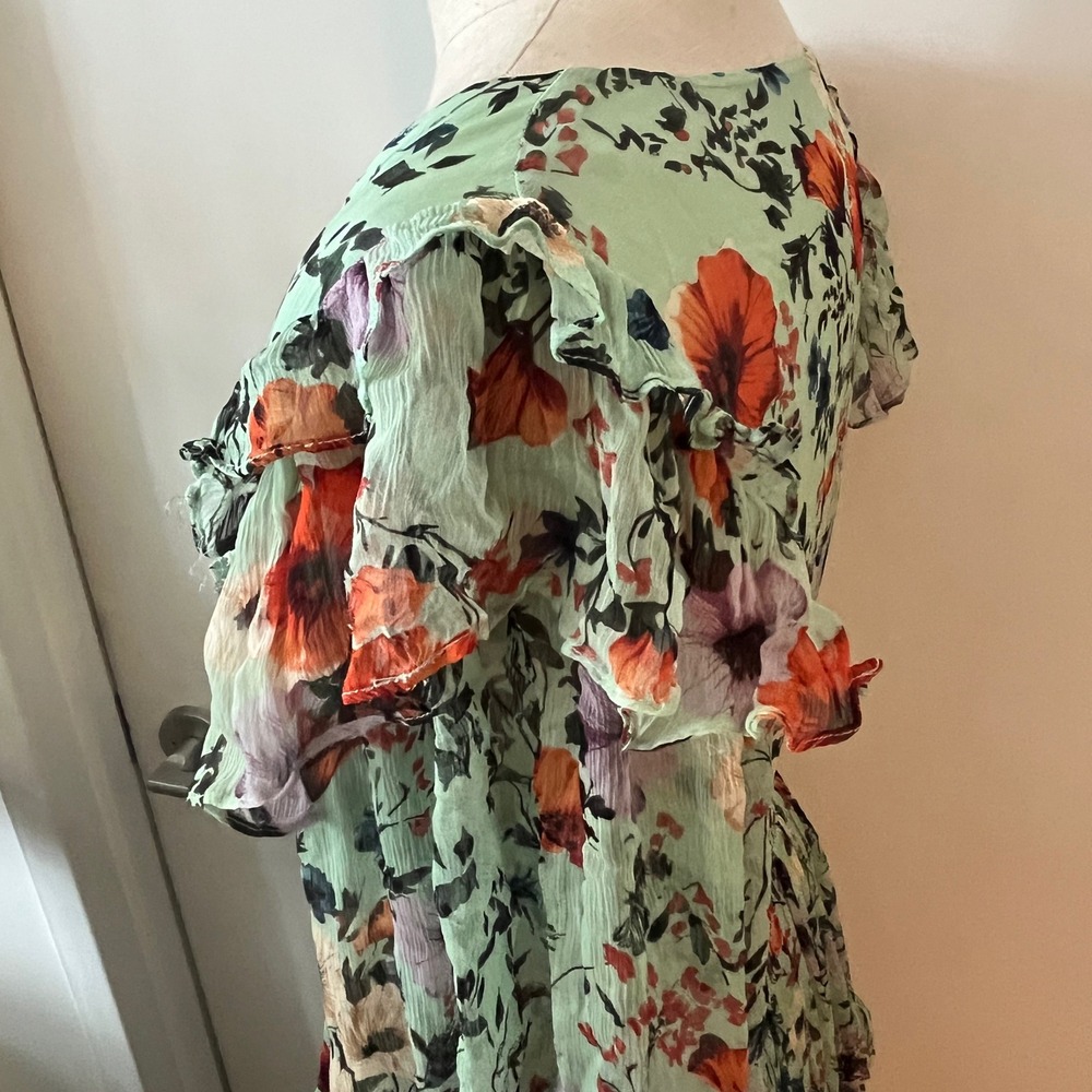 NWOT BHLDN Romantic Mint Floral Chiffon Plunge Long-Sleeve Ruffle Maxi Dress - Picture 8 of 12